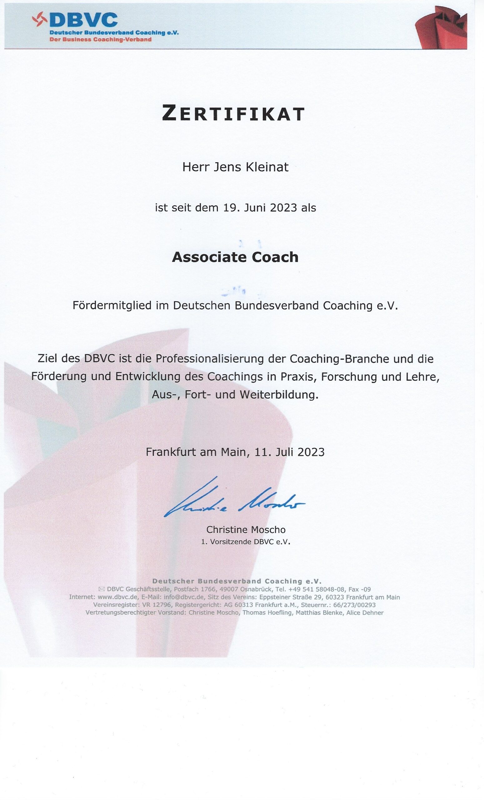 DBVC – vorhandenes Zertifikat zur Coaching-Ausbildung